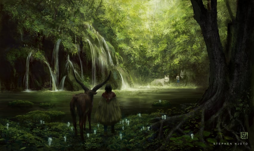 san, ashitaka, kodama, moro no ichizoku, and yakul (mononoke hime) drawn by stephen_njoto