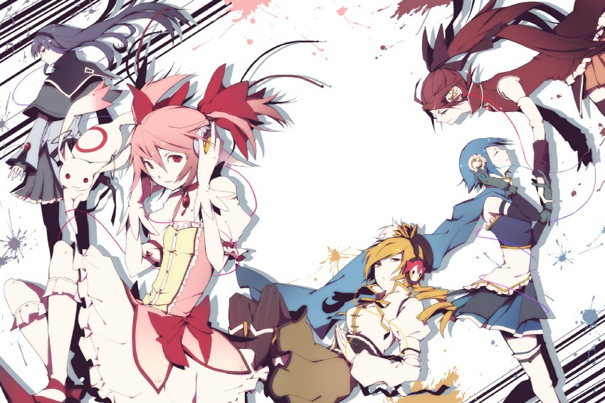 akemi homura, kaname madoka, miki sayaka, sakura kyoko, tomoe mami, and 2 more (mahou shoujo madoka magica) drawn by harukawa_sango