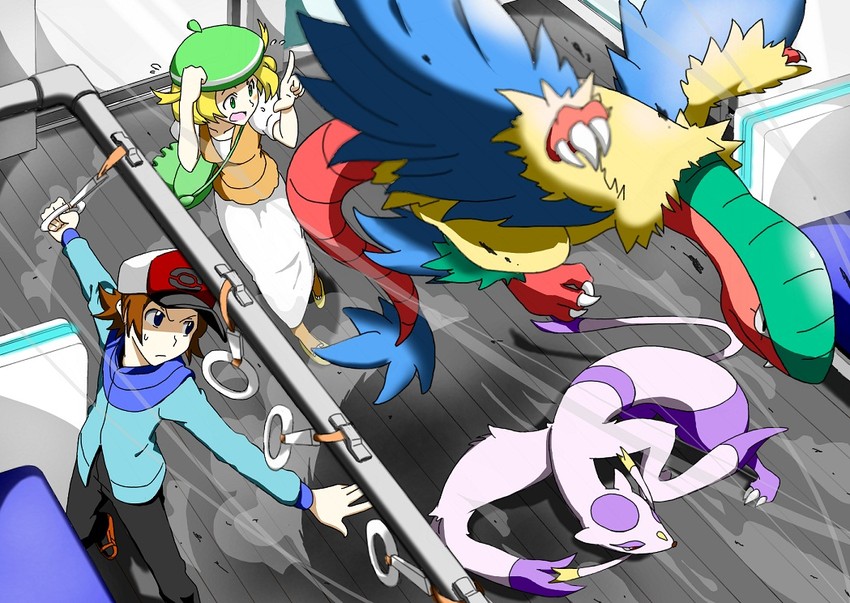 hilbert, bianca, mienshao, and archeops (pokemon and 1 more) drawn by yuuichi_(reductionblack)