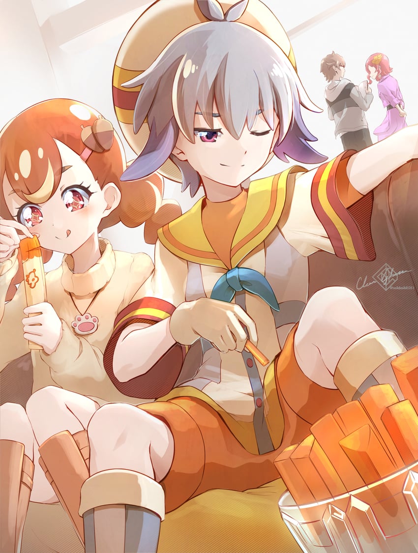 inukai komugi, inukai iroha, toyama satoru, daifuku, and toyama daifuku (precure and 1 more) drawn by clear_glass_(mildmild1311)