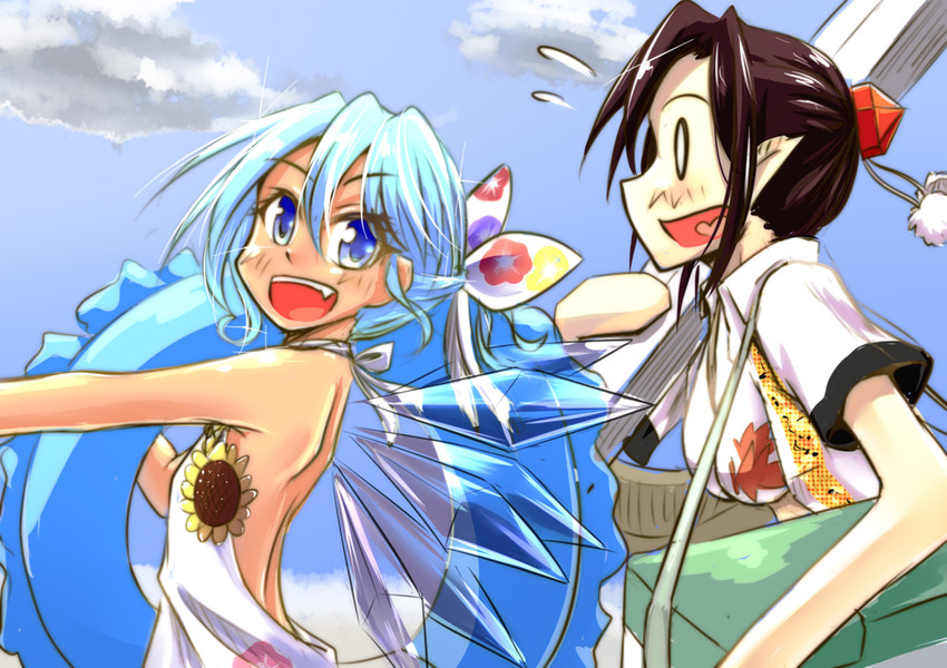 cirno, shameimaru aya, and tanned cirno (touhou and 1 more) drawn by matsu_84