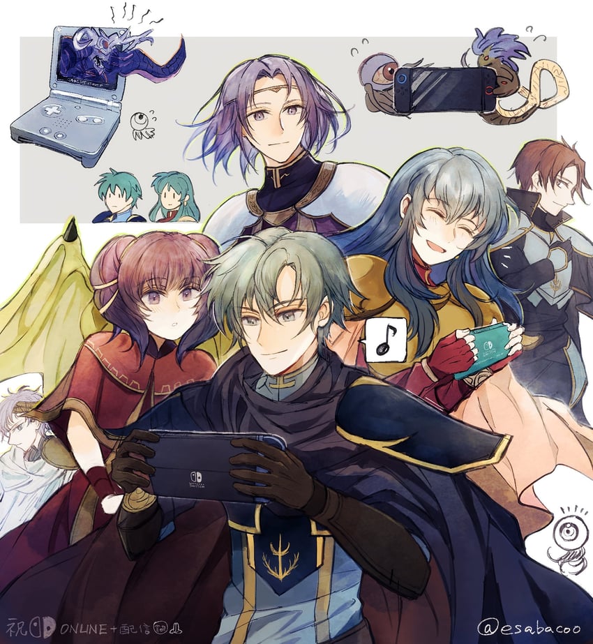 eirika, ephraim, myrrh, lyon, seth, and 3 more (fire emblem and 1 more) drawn by leaf_(esabacoo)