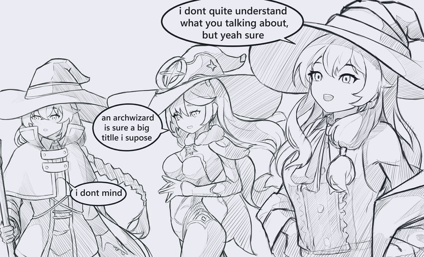 mona, roxy migurdia, and elaina (genshin impact and 2 more) drawn by egalo