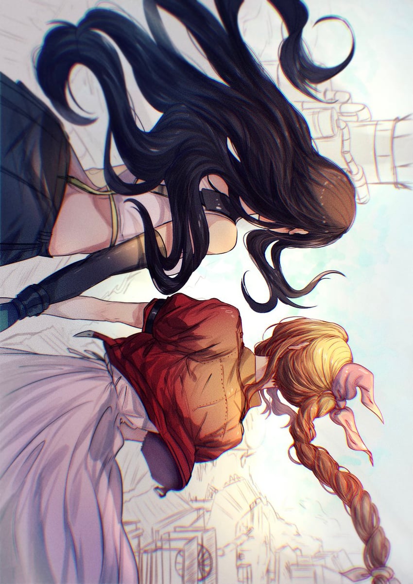 tifa lockhart and aerith gainsborough (final fantasy and 2 more) drawn by sera_(serappi)