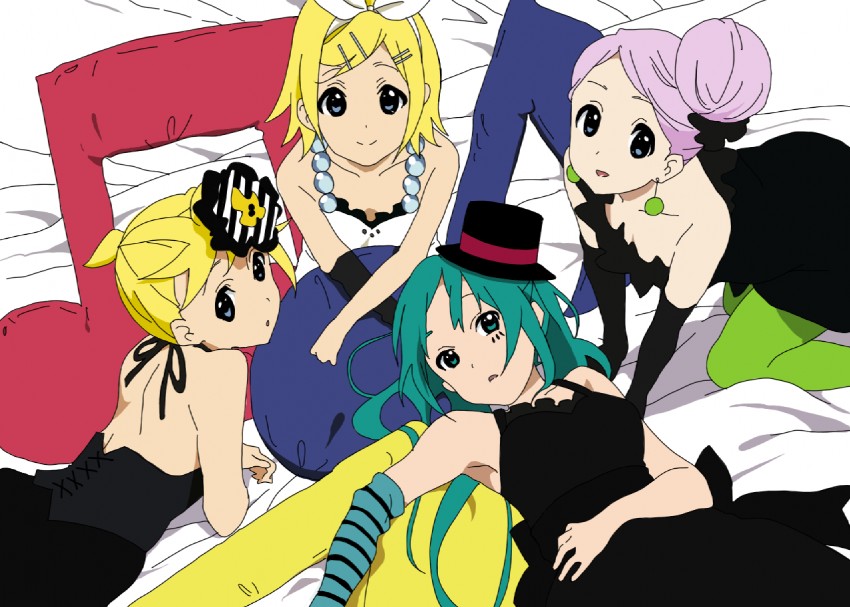 hatsune miku, kagamine rin, kagamine len, megurine luka, akiyama mio, and 3 more (vocaloid and 1 more) drawn by guppy_(disneyinpark)