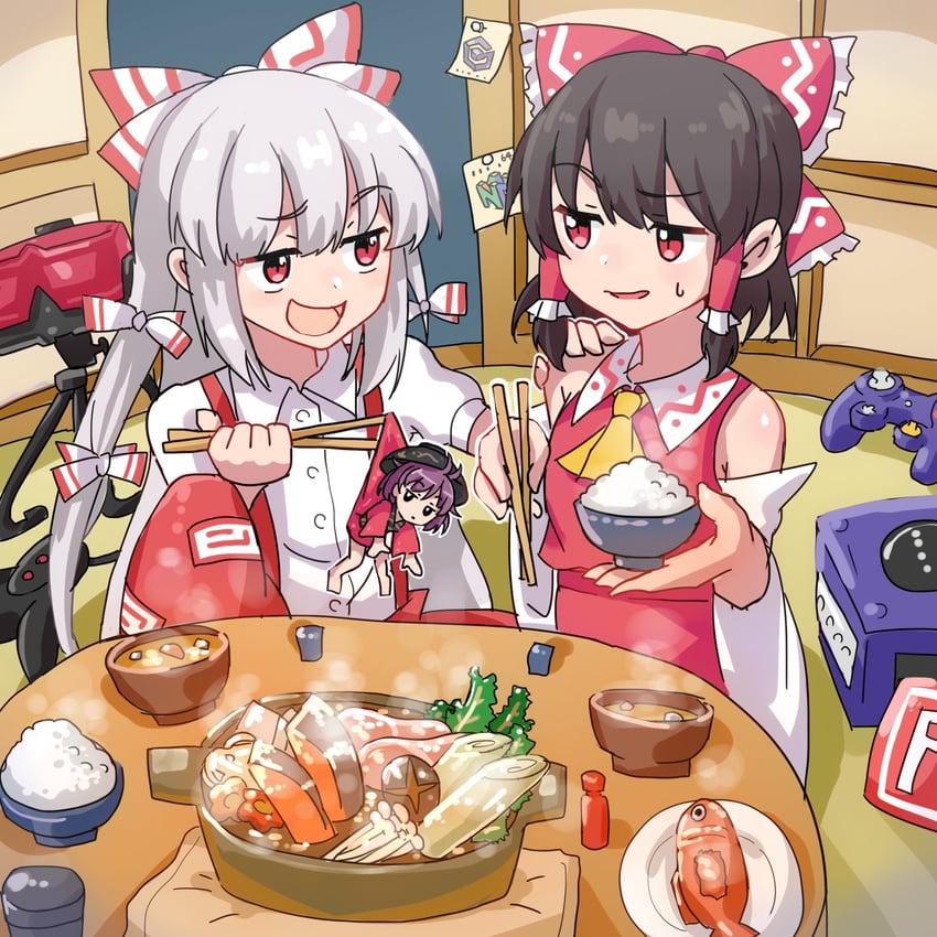 hakurei reimu, fujiwara no mokou, and sukuna shinmyoumaru (touhou) drawn by kappy745