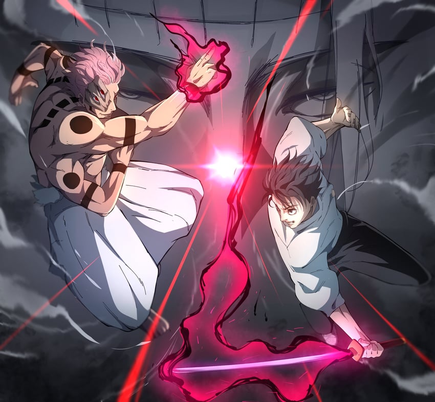 getou suguru, ryoumen sukuna, okkotsu yuuta, and kenjaku (jujutsu kaisen) drawn by danlc2001