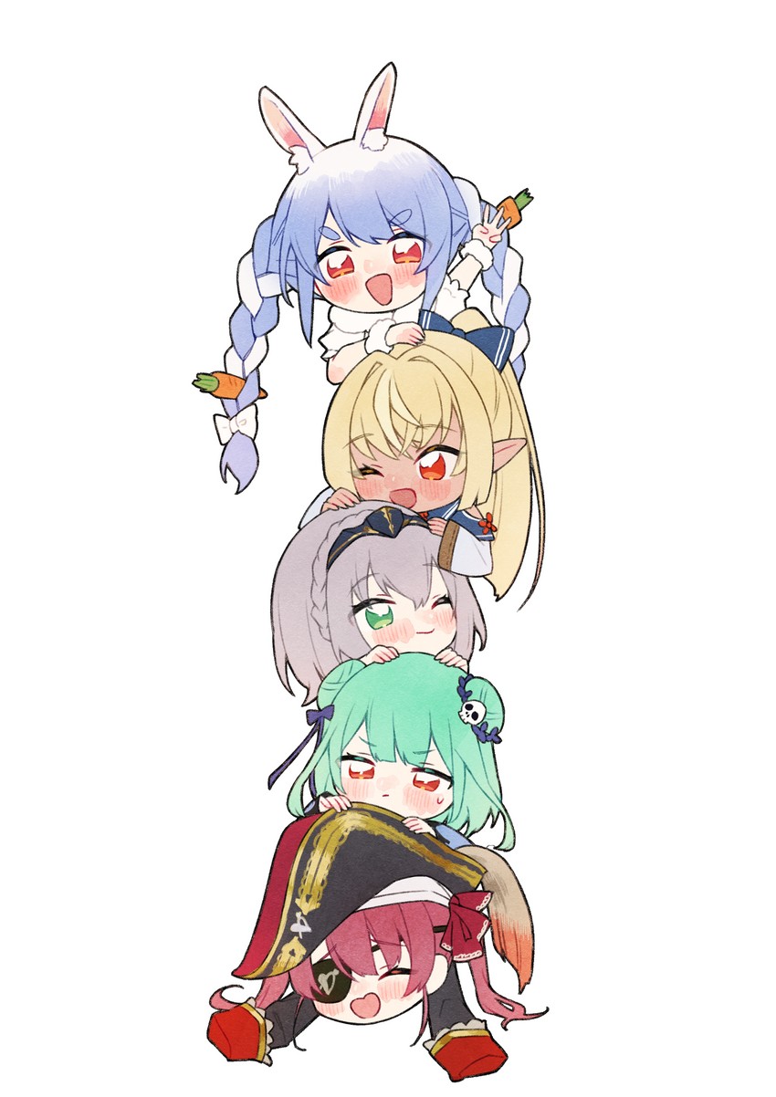houshou marine, usada pekora, shirogane noel, uruha rushia, and shiranui flare (hololive) drawn by neru_(flareuptf1)