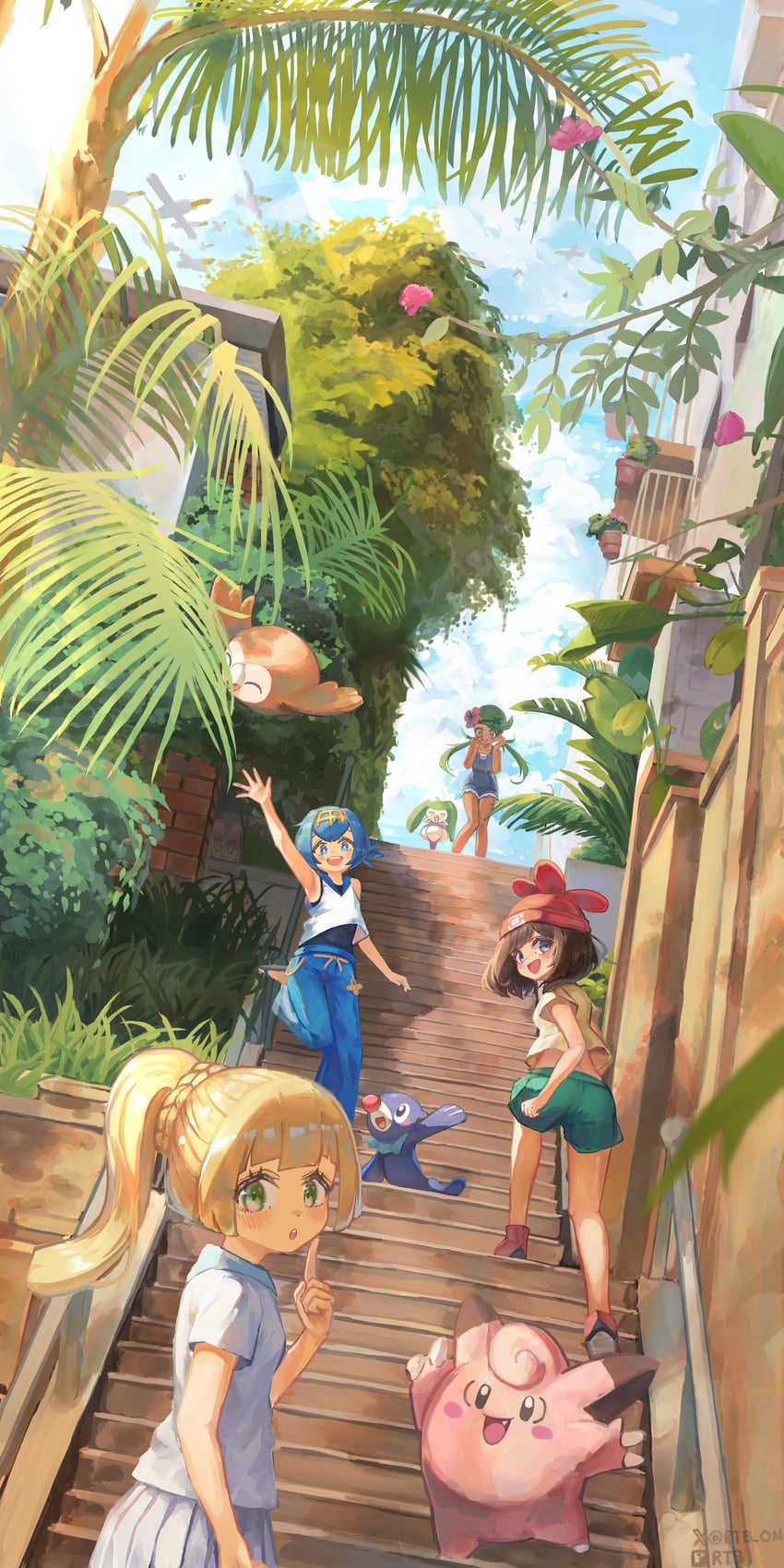 lillie, selene, rowlet, lana, mallow, and 2 more (pokemon and 1 more) drawn by rtb_(jbsb8423)