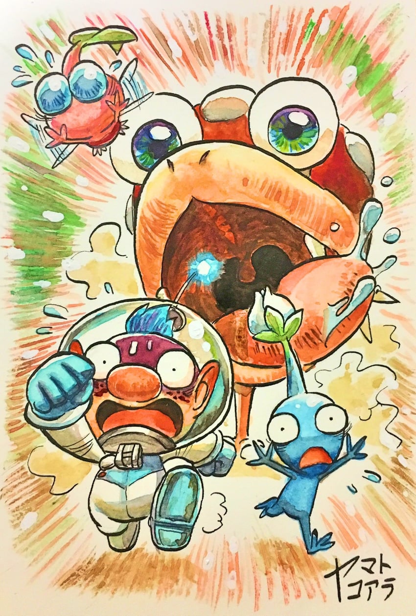 blue pikmin, winged pikmin, alph, and bulborb (pikmin) drawn by yamato_koara