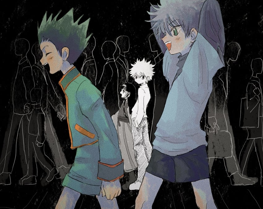 killua zoldyck, gon freecss, and alluka zoldyck (hunter x hunter) drawn by komorikumoriame