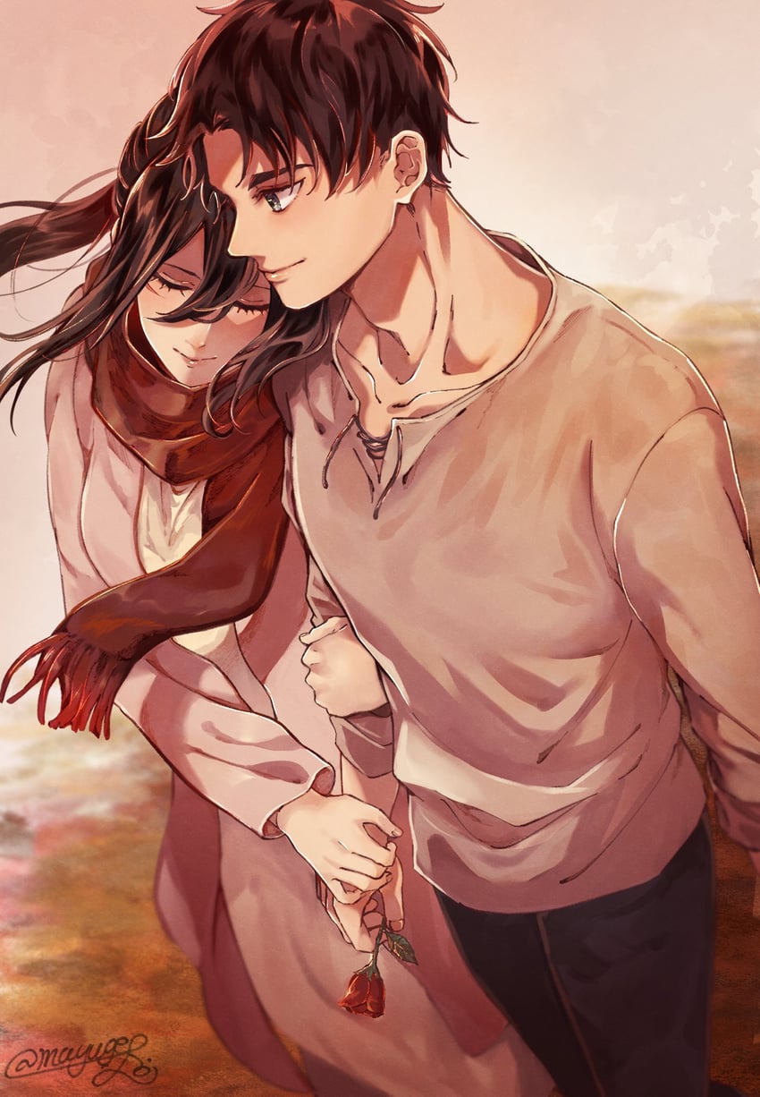 mikasa ackerman and eren yeager (shingeki no kyojin) drawn by foi_mayuge