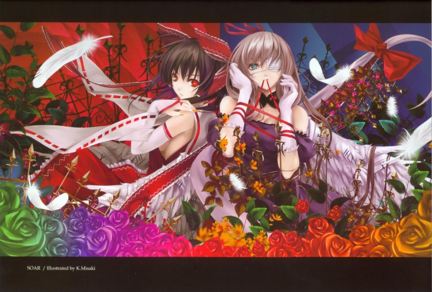 hakurei reimu and yakumo yukari (touhou and 1 more) drawn by cradle_(circle) and misaki_kurehito