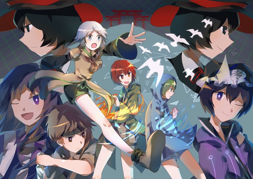 enraku tsubakura, houlen yabusame, senri tsurubami, shitodo kuroji, kurohebi, and 3 more (len'en and 1 more) drawn by 21scorpii