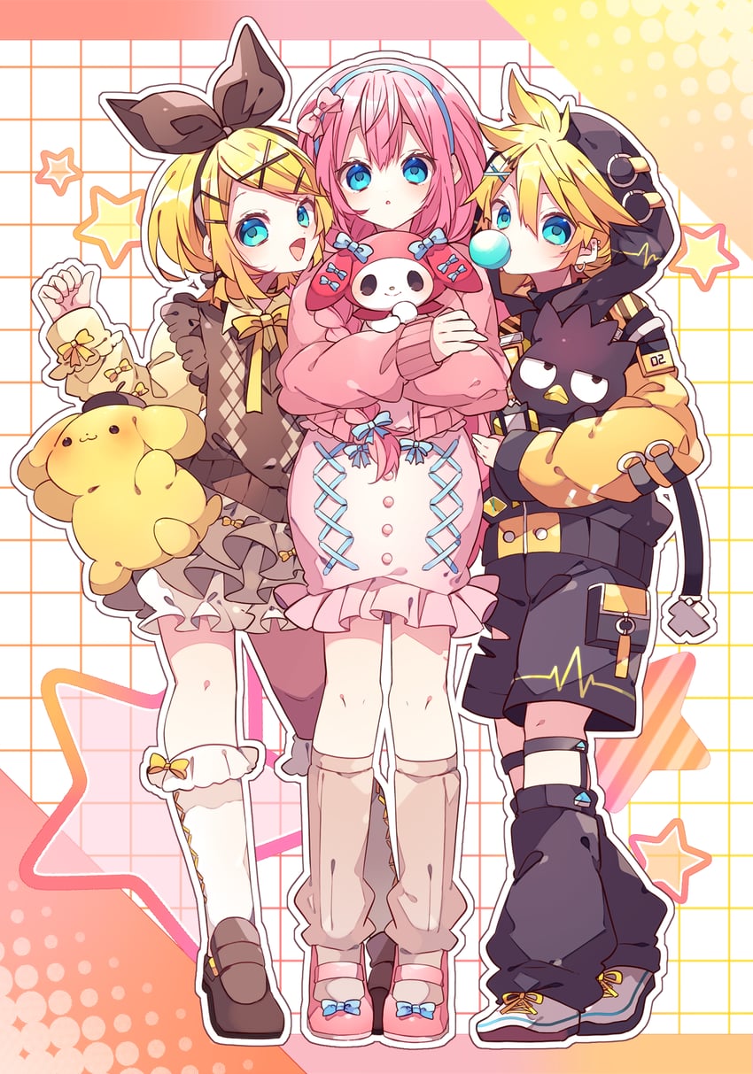 kagamine rin, kagamine len, megurine luka, my melody, pompompurin, and 1 more (vocaloid and 2 more) drawn by kaho_0102