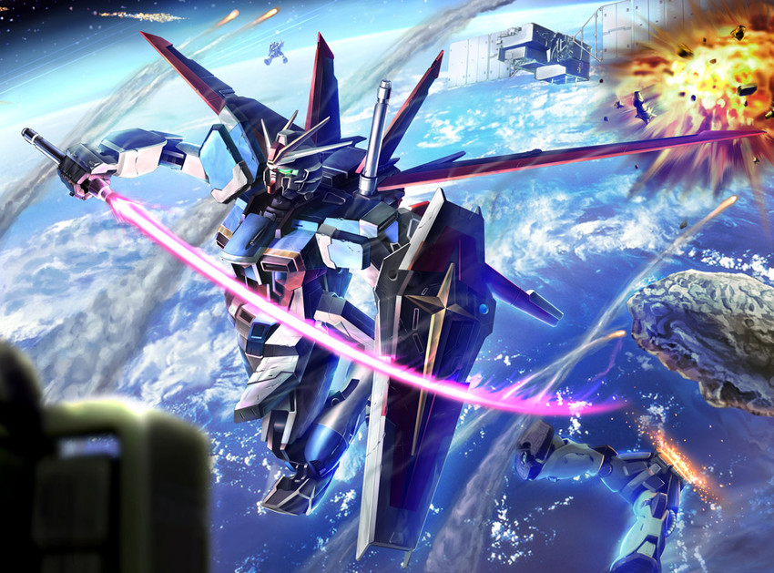 zaku ii, zaku ii f/j, impulse gundam, and force impulse gundam (gundam and 3 more) drawn by mala_(artist)