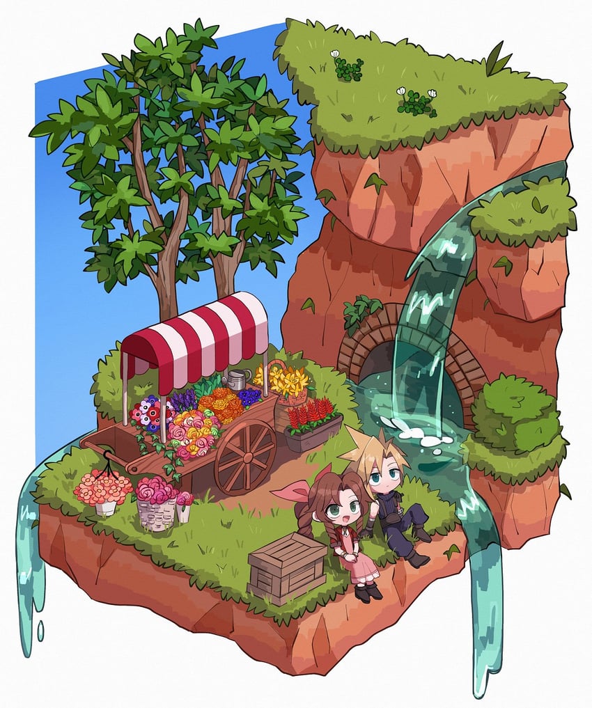 cloud strife and aerith gainsborough (final fantasy and 2 more) drawn by ttnoooo