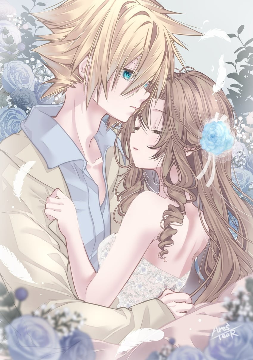 cloud strife and aerith gainsborough (final fantasy and 2 more) drawn by arestear0701