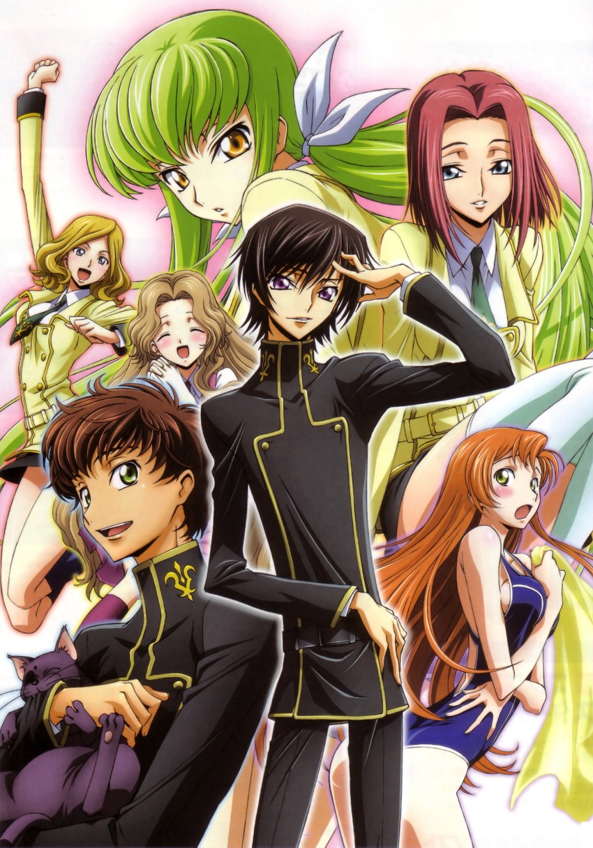 c.c., lelouch vi britannia, kouzuki kallen, kururugi suzaku, nunnally vi britannia, and 3 more (code geass and 1 more) drawn by kimura_takahiro