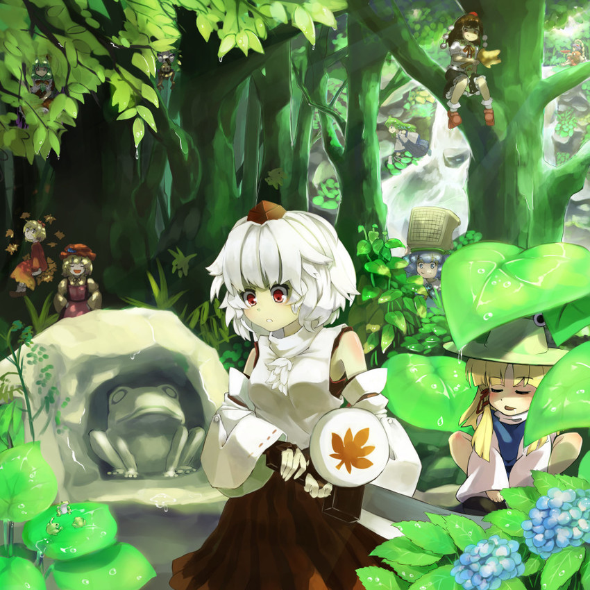 kochiya sanae, shameimaru aya, inubashiri momiji, moriya suwako, kawashiro nitori, and 5 more (touhou and 1 more) drawn by piyodesu