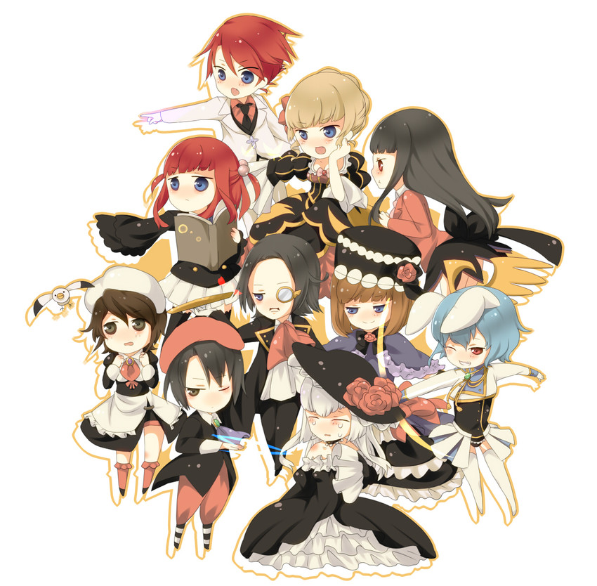 beatrice, ushiromiya battler, ushiromiya ange, shannon, eva beatrice, and 5 more (umineko no naku koro ni and 1 more) drawn by mimoza