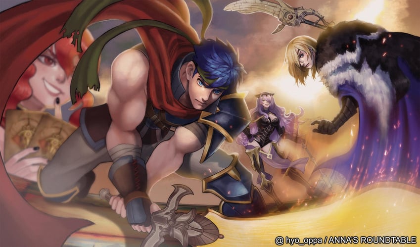 dimitri alexandre blaiddyd, camilla, ike, and anna (fire emblem and 3 more) drawn by hyo_oppa