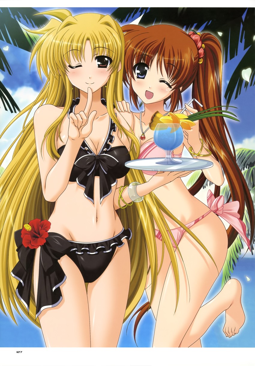 fate testarossa, takamachi nanoha, and raising heart (lyrical nanoha and 2 more) drawn by higa_yukari