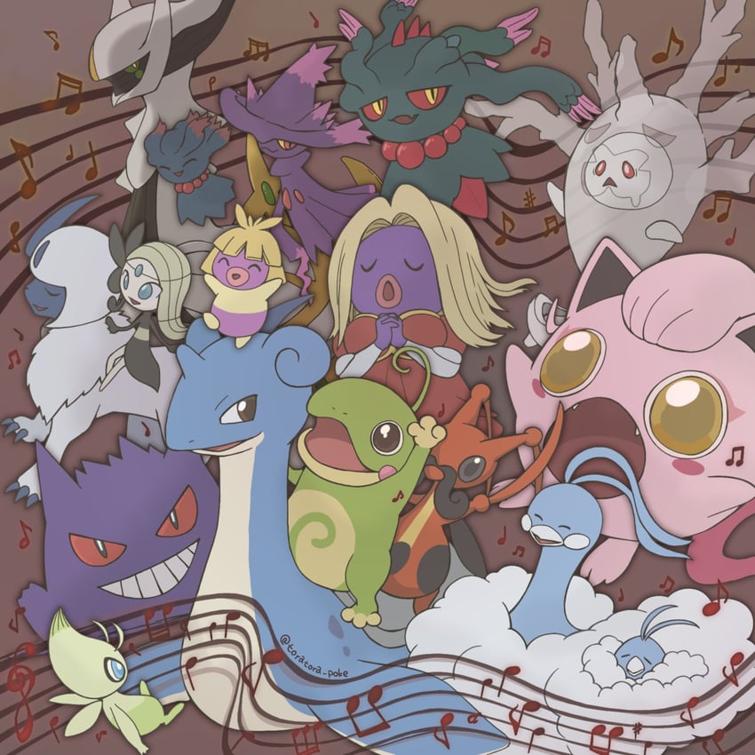 gengar, absol, lapras, celebi, swablu, and 11 more (pokemon) drawn by tora_(tsmc5353)