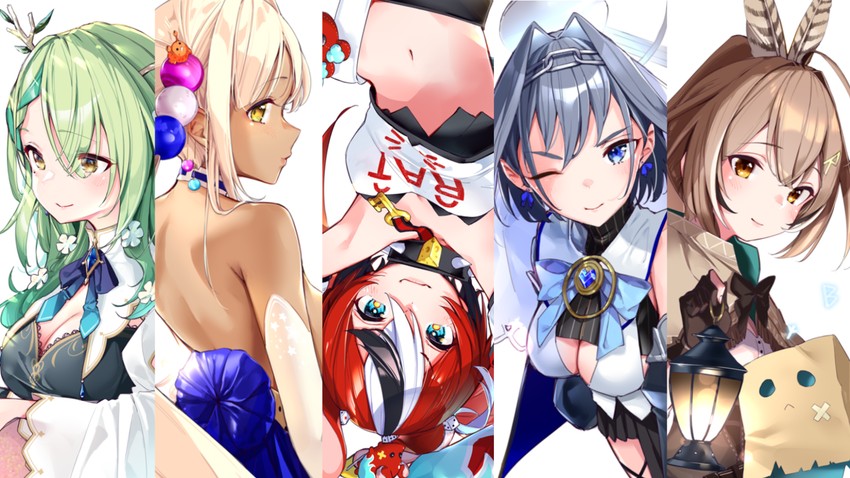ouro kronii, nanashi mumei, hakos baelz, ceres fauna, tsukumo sana, and 2 more (hololive and 1 more) drawn by yuyaiyaui