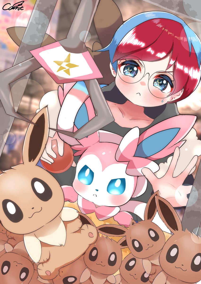 eevee, sylveon, and penny (pokemon and 1 more) drawn by carrot_summer