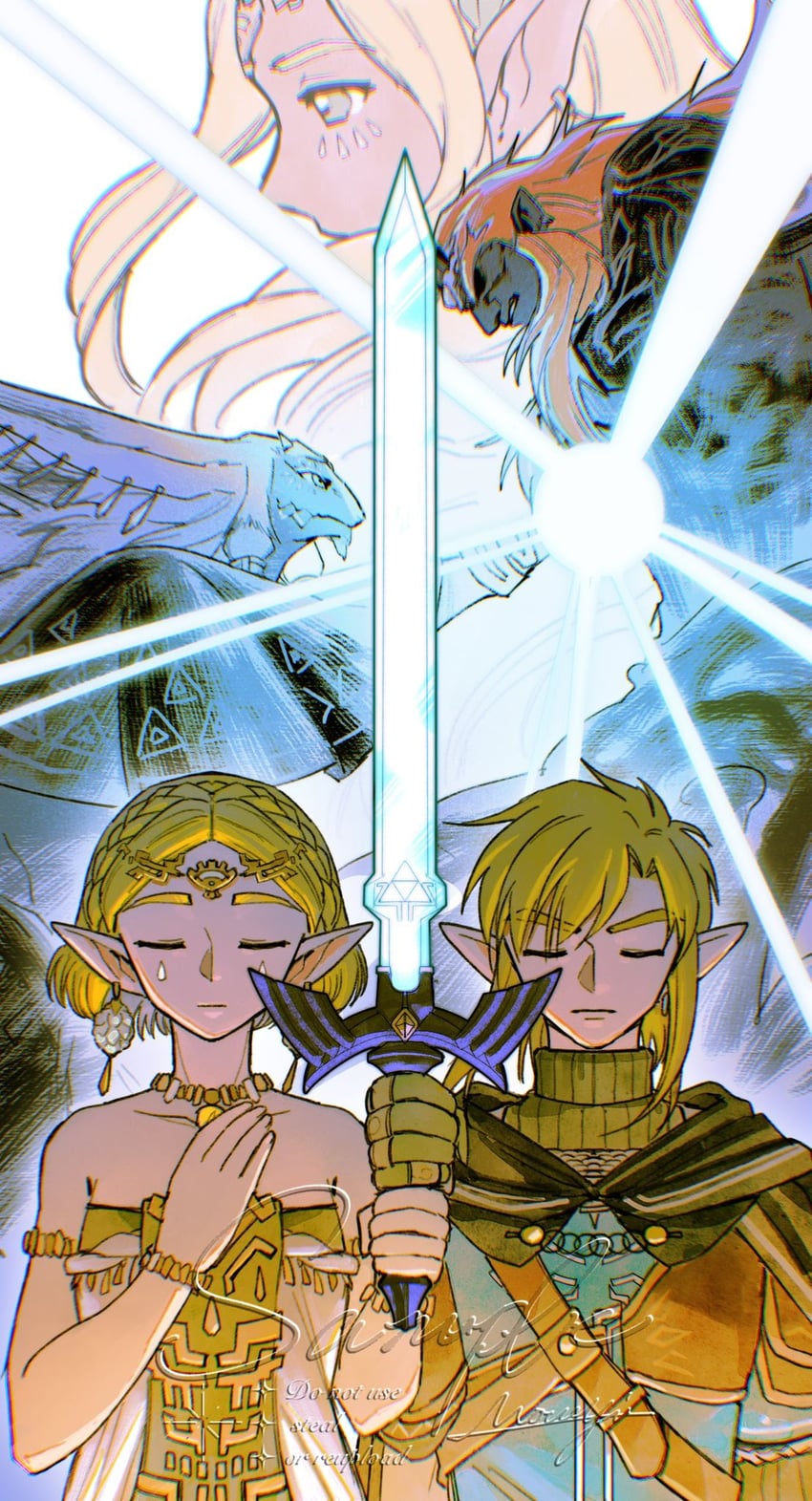 link, princess zelda, ganondorf, sonia, and rauru (the legend of zelda and 1 more) drawn by mouyi