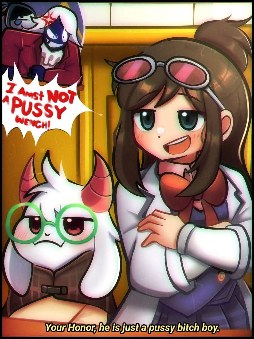 miles edgeworth, ralsei, ema skye, lancer, and rouxls kaard (ace attorney and 1 more) drawn by sunshroomguy
