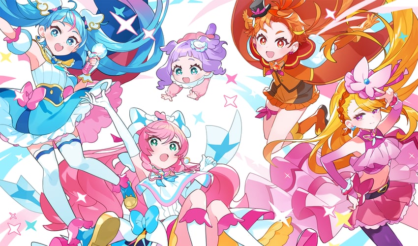 sora harewataru, nijigaoka mashiro, cure sky, hijiri ageha, cure prism, and 4 more (precure and 1 more) drawn by kanyoko_(yuzukano_17)