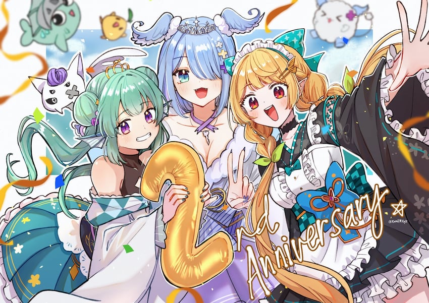 elira pendora, pomu rainpuff, finana ryugu, pikl, pomudachi, and 2 more (nijisanji and 1 more) drawn by hakamii