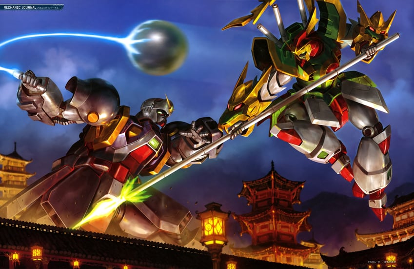 dragon gundam and bolt gundam (gundam and 1 more) drawn by kinoshita_tomotake