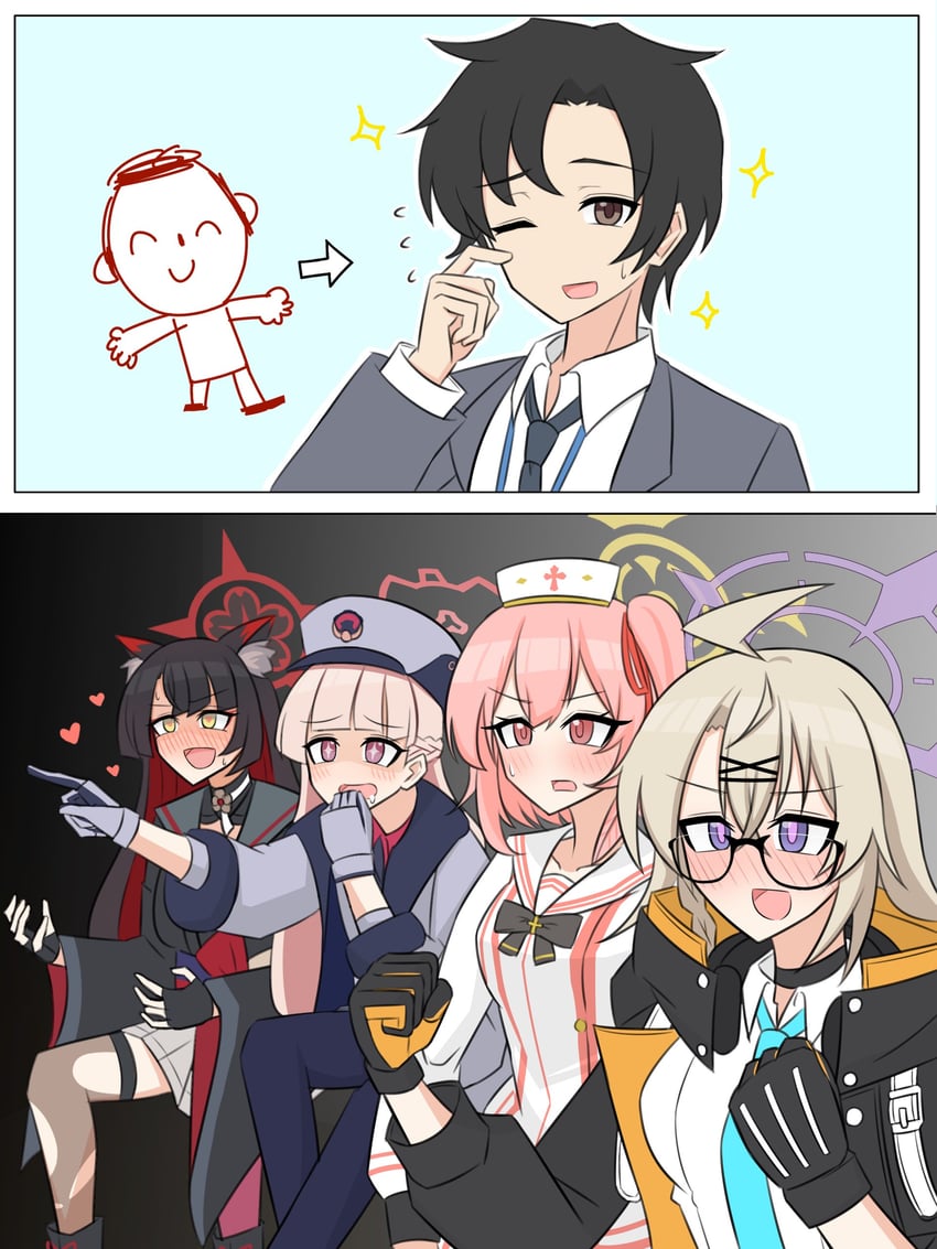 sensei, doodle sensei, wakamo, serina, kotama, and 1 more (blue archive and 1 more) drawn by karageba