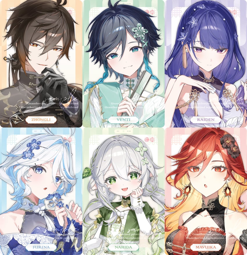 raiden shogun, furina, nahida, zhongli, venti, and 1 more (genshin impact) drawn by kkopoli