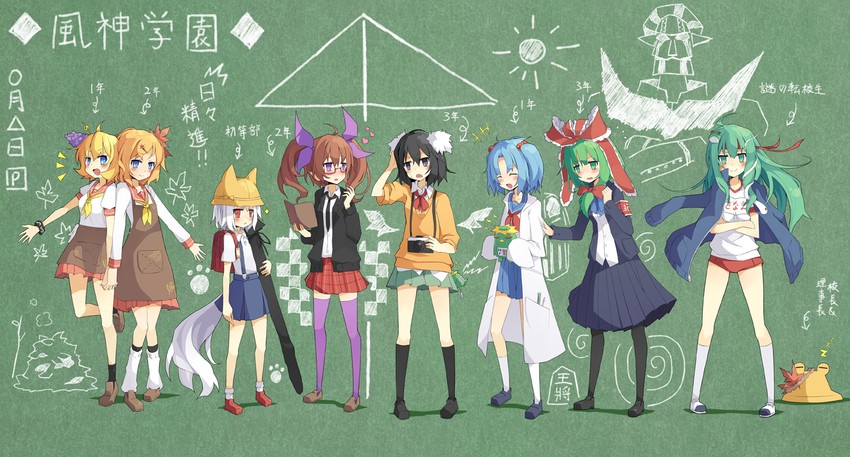 kochiya sanae, shameimaru aya, inubashiri momiji, kawashiro nitori, kagiyama hina, and 5 more (touhou) drawn by arashiya