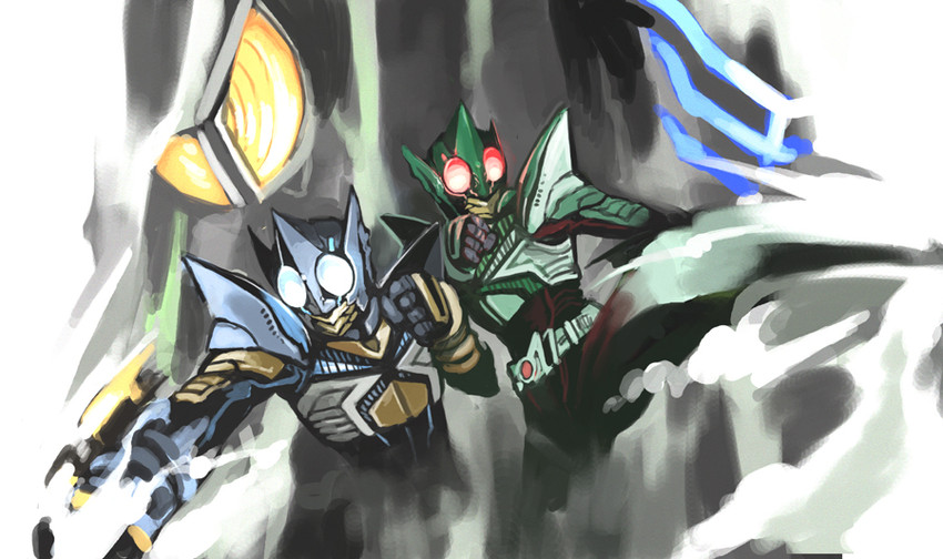 kamen rider kick hopper, kamen rider delta, kamen rider tiger, and kamen rider punch hopper (kamen rider and 3 more) drawn by shigehiro_(hiroi_heya)
