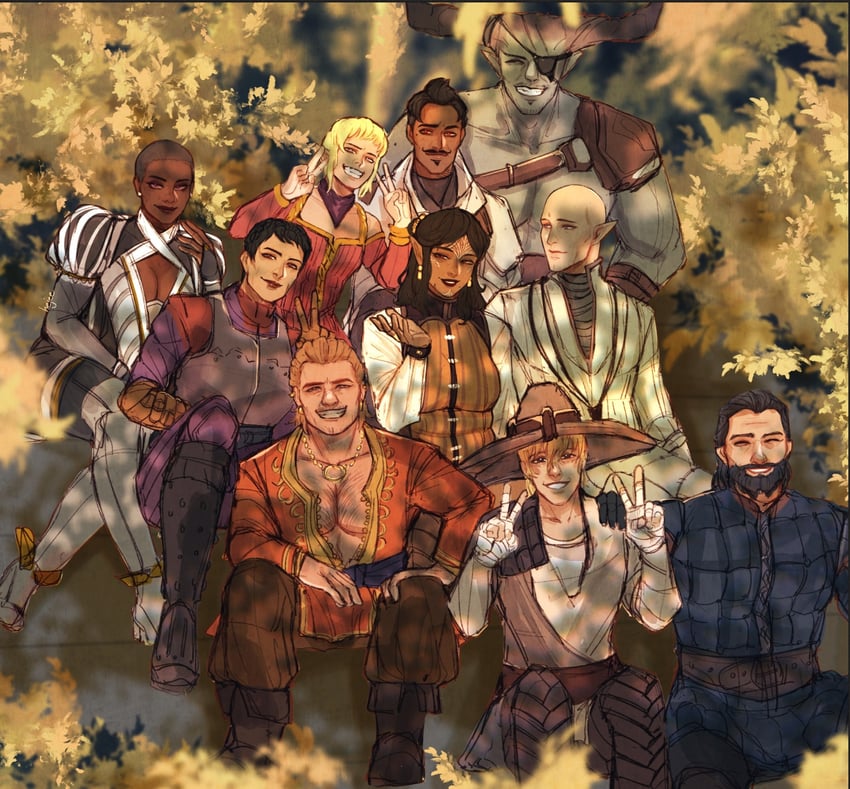 solas, inquisitor, varric tethras, blackwall, dorian pavus, and 5 more (dragon age and 1 more) drawn by hejee