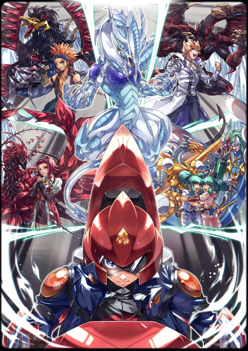 fudo yusei, jack atlas, luca, crow hogan, lua, and 6 more (yu-gi-oh! and 1 more) drawn by kisuzu_th319