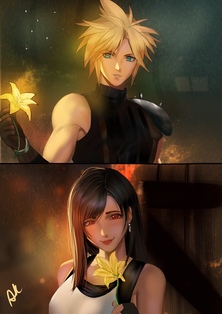 tifa lockhart and cloud strife (final fantasy and 2 more) drawn by arialla_draws