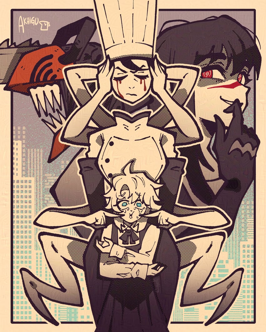 denji, yoru, falling devil, and famine devil (chainsaw man) drawn by akaiguarts