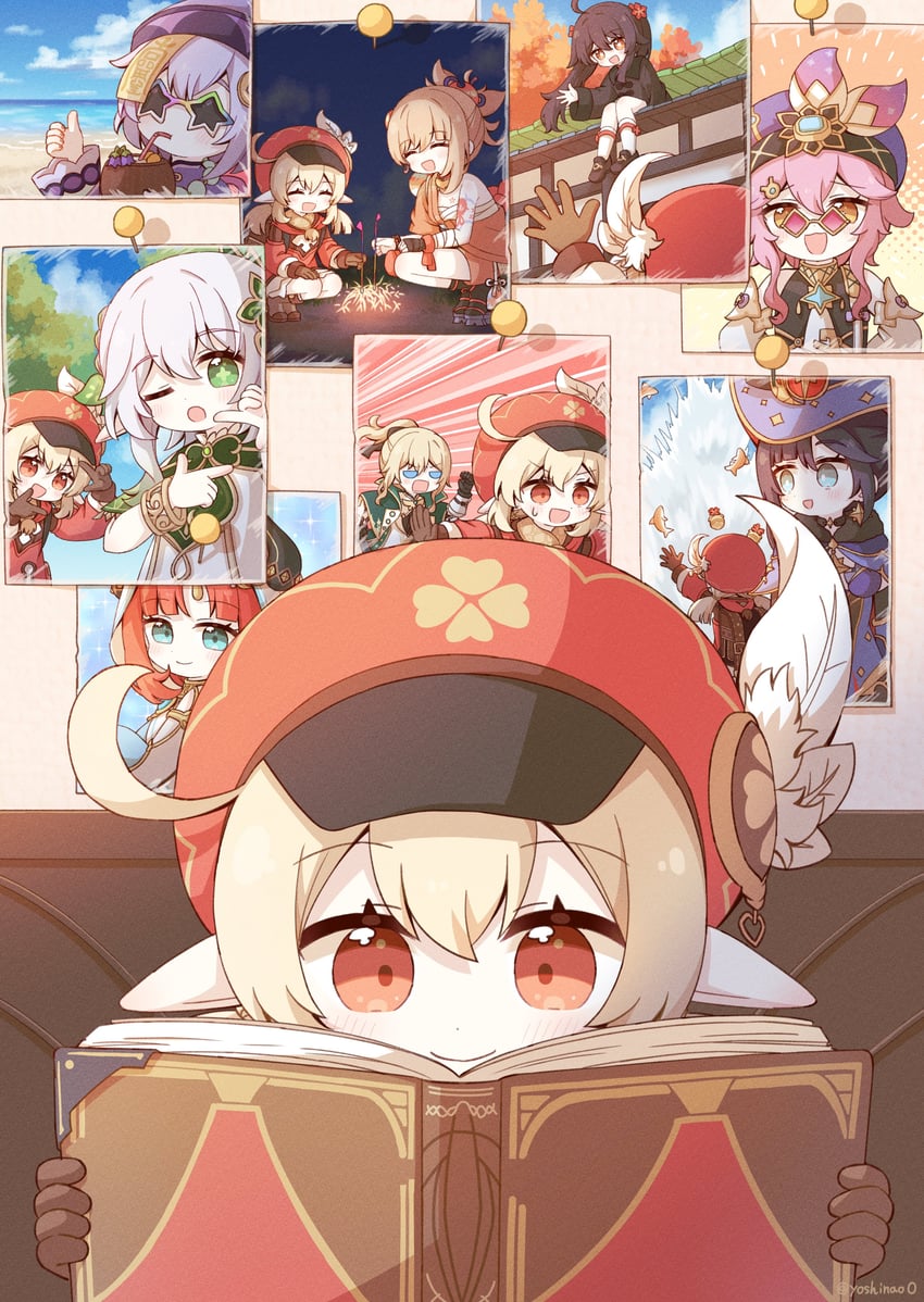 hu tao, nahida, mona, klee, nilou, and 5 more (genshin impact) drawn by yoshinao_(yoshinao_0203)