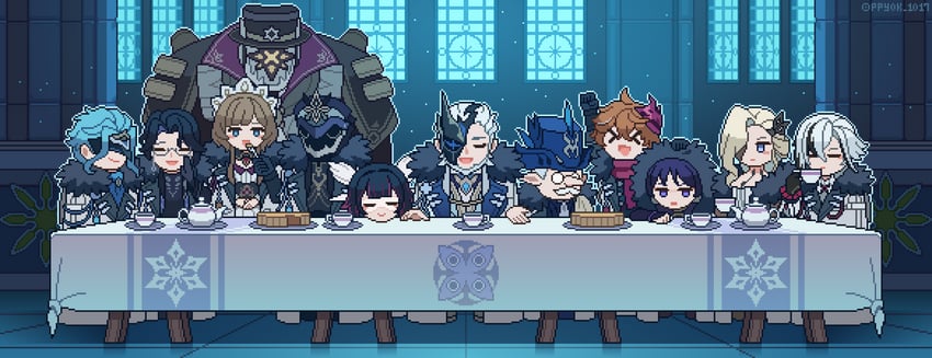 scaramouche, tartaglia, arlecchino, columbina, signora, and 6 more (genshin impact and 1 more) drawn by ppyok_1017