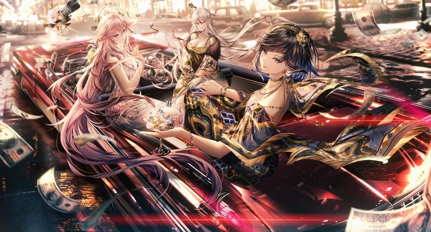 yae miko, paimon, yelan, and ningguang (genshin impact) drawn by junpaku_karen