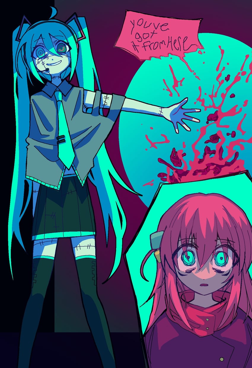hatsune miku, gotoh hitori, itadori yuuji, and mahito (vocaloid and 2 more) drawn by cocainia413
