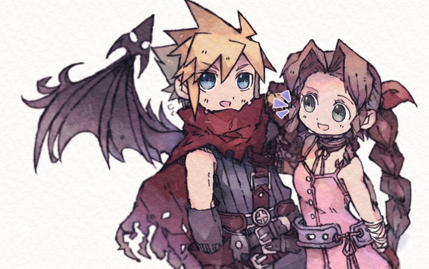 cloud strife and aerith gainsborough (final fantasy and 3 more) drawn by ankomochi_(tomatoaaa)