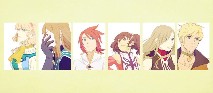 tear grants, luke fon fabre, anise tatlin, natalia luzu kimlasca lanvaldear, jade curtiss, and 1 more (tales of and 1 more) drawn by kometa_(aiueoee_p-s)