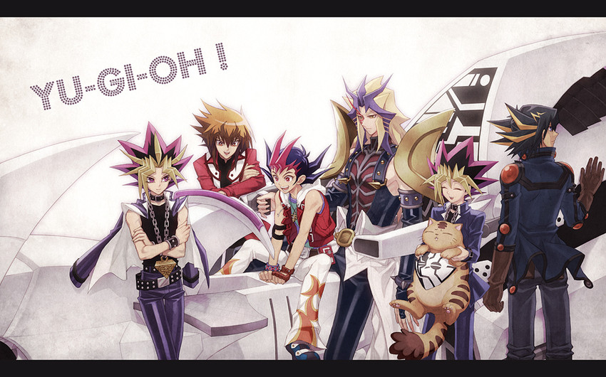 yuki judai, fudo yusei, muto yugi, yami yugi, tsukumo yuma, and 2 more (yu-gi-oh! and 5 more) drawn by tea_(retroz)